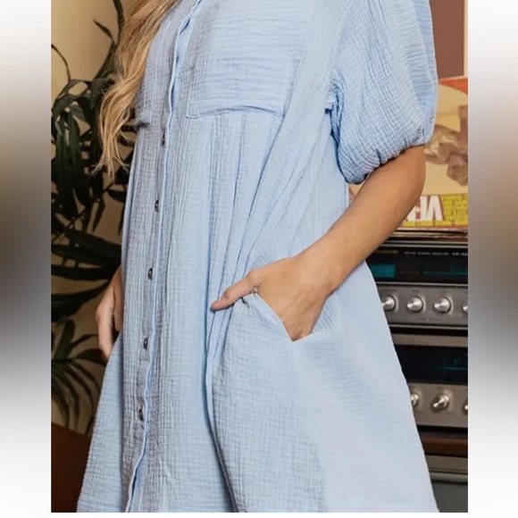Ces Femme Tops - Ces Femme Linen Light Blue Dress with Pickets OS fits M